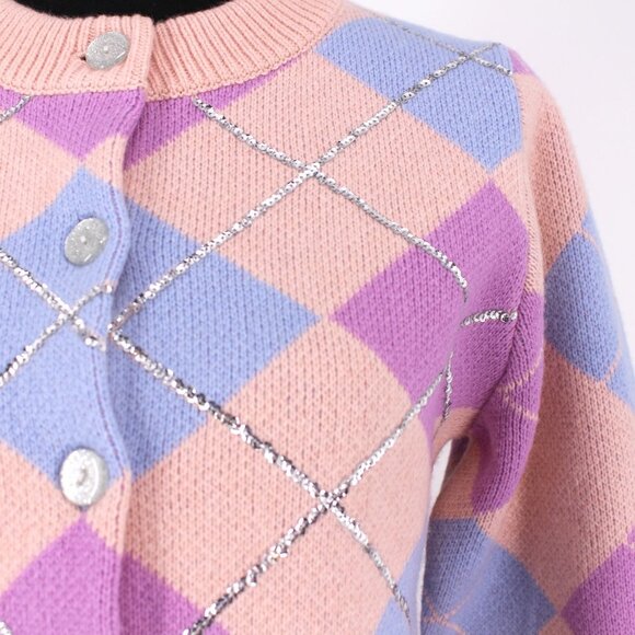 Hill House Home Argyle Breakfast Cardigan Sequin Embellished Sweater Pink S NEW - Picture 4 of 8